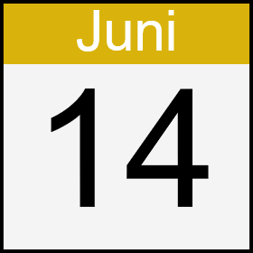 Logo 14- Juni schwarze Ziffern auf weißem Grund, Monat weiß auf goldenem Grund