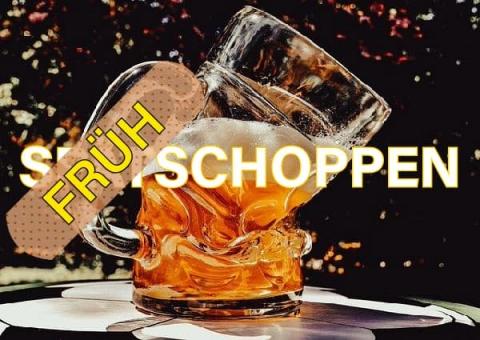 Trauriges, geknicktes, halbvolles Bierkrügel Text "Spät" mit Pflaster und Text "FRÜH" überklebt sodass man jetzt Frühschoppen lesen kann