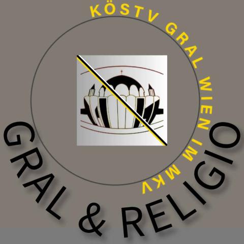 Logo Grals für kirchliche Veranstaltungen, Symbol Gatterhölzl mittig mit Band in weiß,schwarz, gold auf grauem Hintergrund
