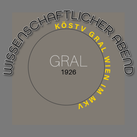 Logo für Wissenschaftliche Abende bei Gral Wien in Weiss-Schwarz-Gold auf grauem Hintergrundrund