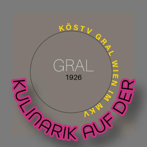 Logo: Kulinarik auf der Gral, grauer Hintergrund, Text Rot und Goldfarben, auf Kreis angeordnet