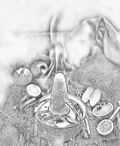 Im Topf köchelt der Krambambuli, die blaue Flamme züngelt hoch über den Zuckerhut auf