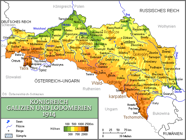 gezeichnete Karte Galiziens um 1914 aus Wikipedia