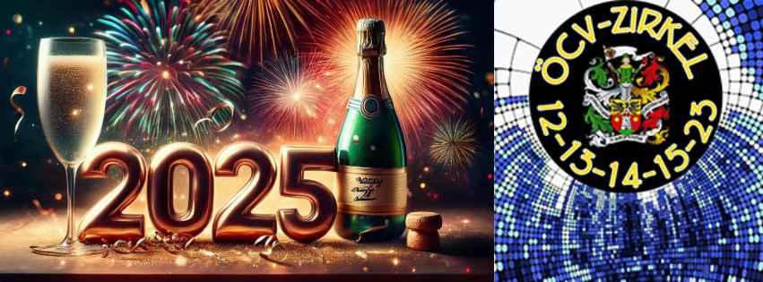 Sylvester 2025 ÖCV-Zirkel mit Feuerwerk im Hintergrund, Sektglas links, Sektflasche rechts im Vordergrund