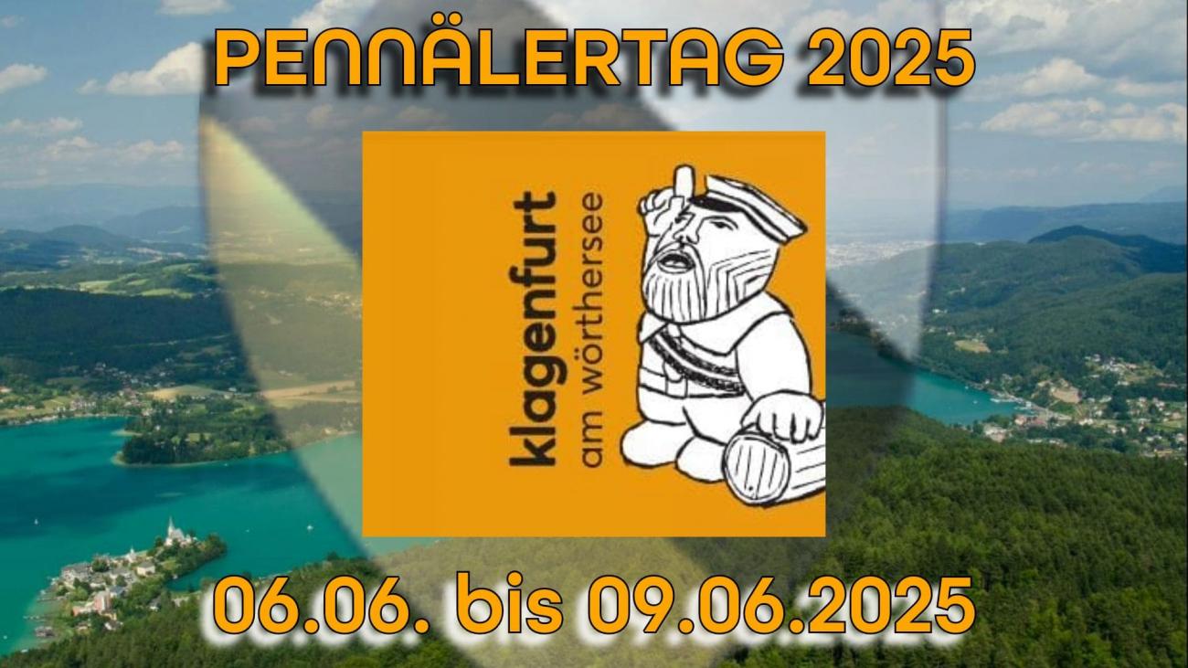 PT25-Klagenfurt, Blick auf Wörthersee, PT-Logo in orange mittig, Ort und Zeit in orange, Gral-Wappen mit 50% Deckkraft mittig dahinter