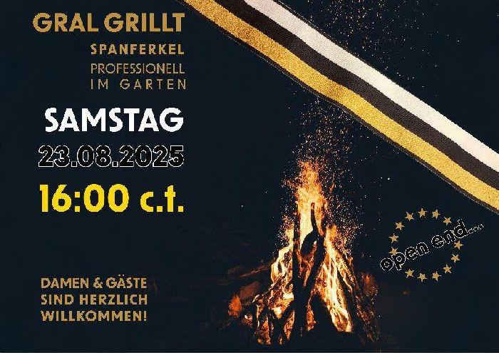 Einladung Spanferkelgrill mit Lagerfeuer und Burschenband auf schwarzem Grund