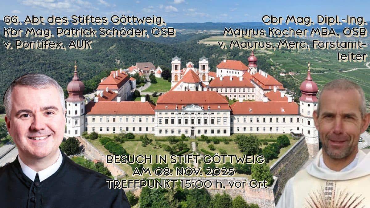 Stift Göttweig im Hintergrund, im Vordergrund Abt SCÖDER und Forstamtsleiter P. KOCHER