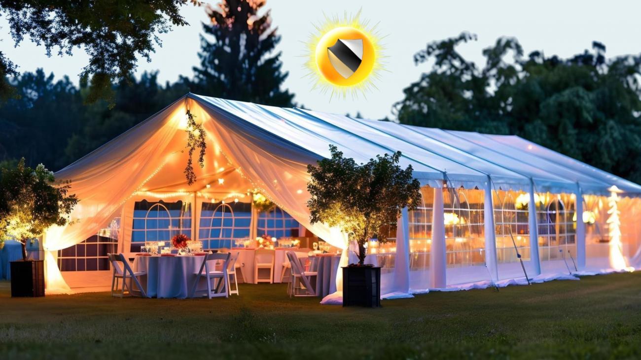 beleuchtetes weißes Festzelt mit "gralwappen" in der Sonne