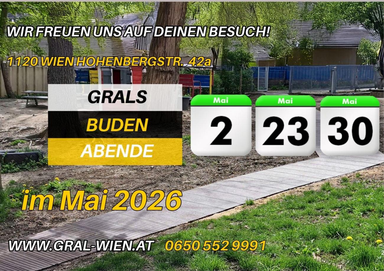 Budenabende Mai 2026 Kalender-Icons Monat grün Tag schwarz auf weißem Grund, Hintergrund der Budenzugang zur Gral