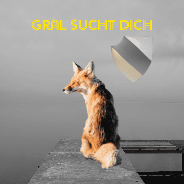 Fuchs sitzt auf Seesteg vor grauer Nebelwand und blickt nach links