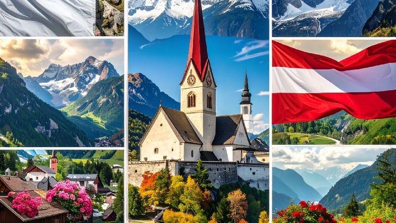 Symbol Patria als Postkarte mit Bildern und Flagge aus Österreich
