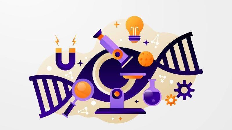 Symbol Scientia mit DNA-Struktur, Lupe, Magnet, Glühbirne