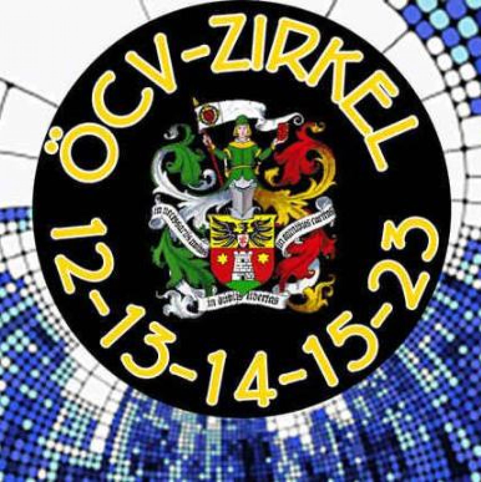 Zirkellogo WIEN Südwest, Mitte ÖCV-Wappen, Text in schwarzem Ring angeordnet,vor blau-weißem Hintergrund