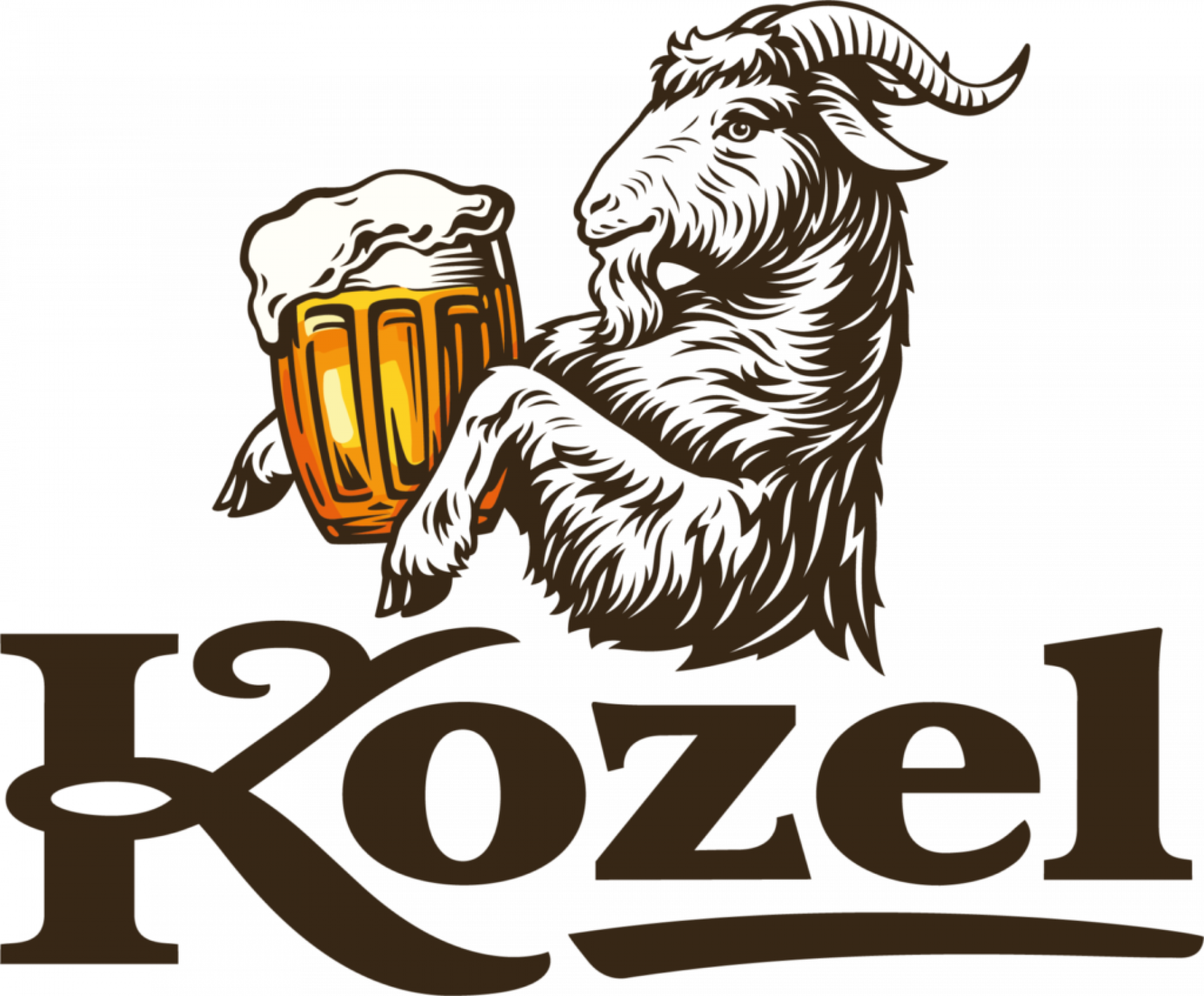 gehörnter Ziegebock mit Bierglas zwischen Vorderbeinen, Biermarke KOZEL